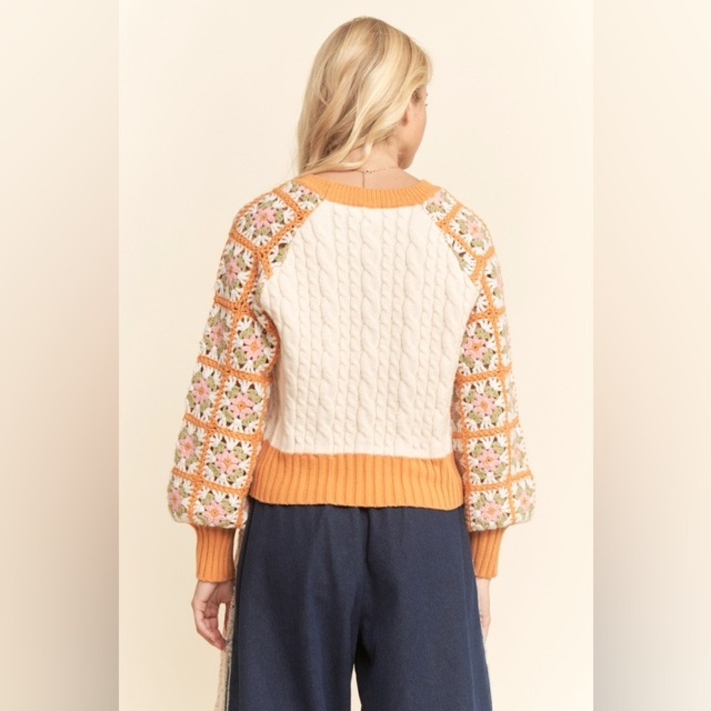 Crochet Sleeve Granny Square Cable Knit Sweater - Davi & Dani - Picture 3 of 7